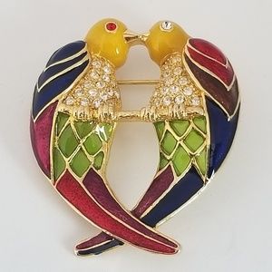 Gold Tone Enamel Rhinestone Parrot Brooch Pin